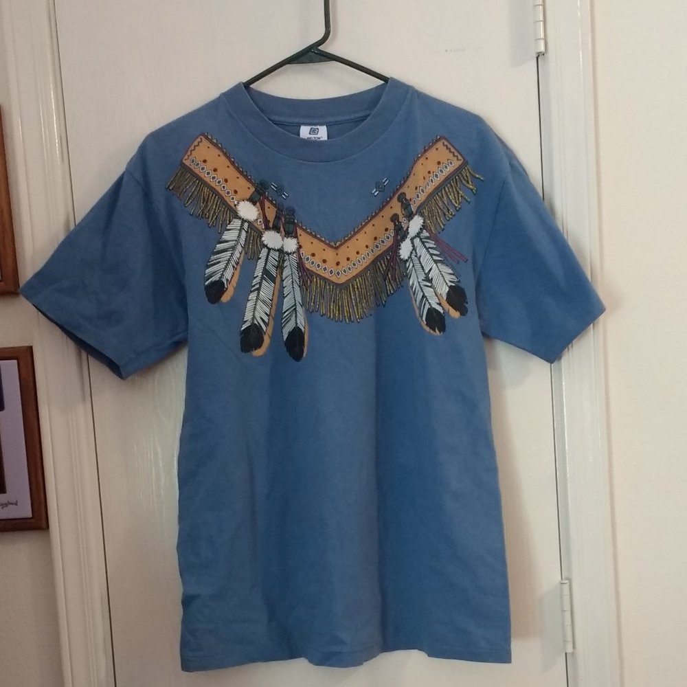 Blue Short Sleeve T-Shirt Large Southwest Feathers